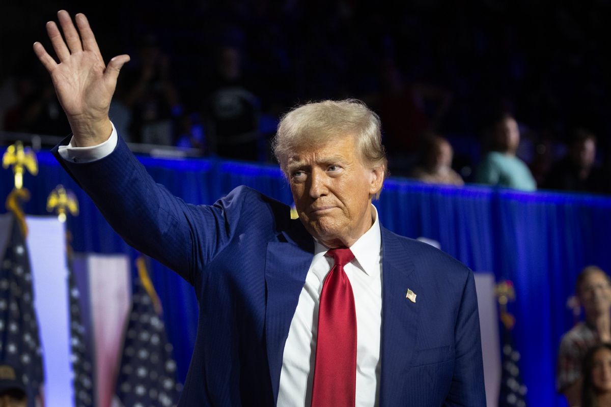 Republican presidential nominee, former U.S. President Donald Trump greets supporters following a town hall campaign event on August 29, 2024, in La Crosse, Wisconsin. (Scott Olson/Getty Images)