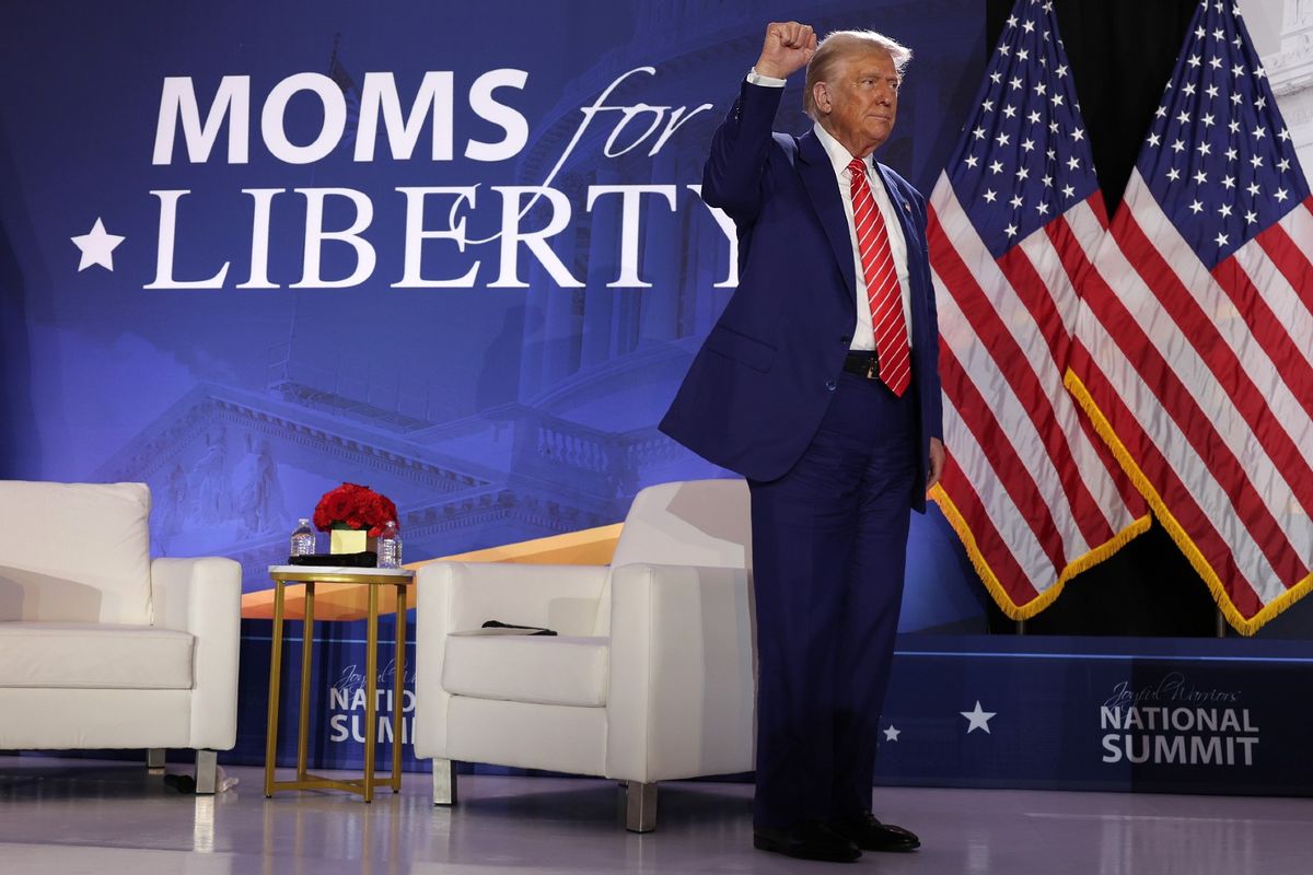 Republican presidential nominee, former U.S. President Donald Trump gestures during the 2024 Joyful Warriors National Summit on August 30, 2024, in Washington, DC.  (Alex Wong/Getty Images)