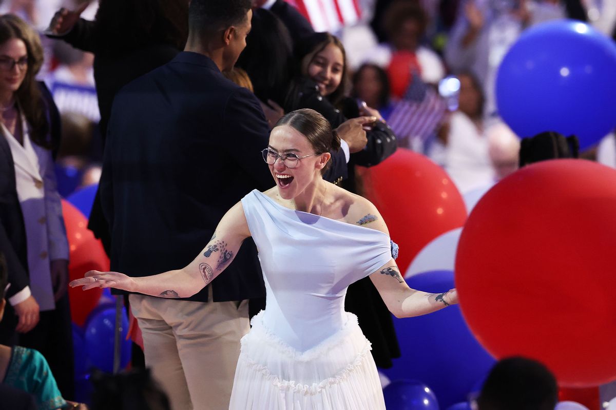 Ella Emhoff, stepdaughter of U.S. Vice President Kamala Harris, celebrates during the final day of the Democratic National Convention at the United Center on August 22, 2024 in Chicago, Illinois. (Win McNamee/Getty Images)