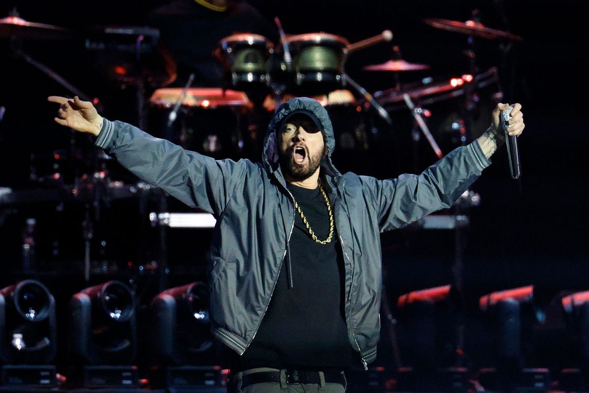 Eminem performs before the WBA junior middleweight title bout between Terence Crawford and Israel Madrimov at BMO Stadium on August 3, 2024 in Los Angeles, California. (Kevork Djansezian/Getty Images)