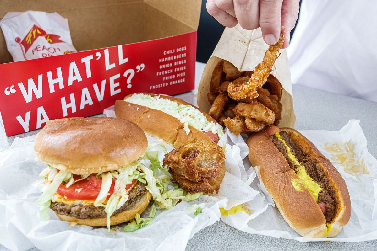 Atlanta, Georgia, The Varsity restaurant, take out food order in box. (Jeffrey Greenberg/Universal Images Group via Getty Images)