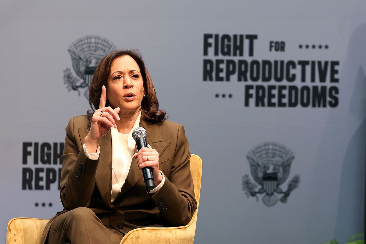 U.S. Vice President Kamala Harris speaks in conversation with actress Sophia Bush during a Fight For Reproductive Freedoms event at the Mexican Heritage Plaza on January 29, 2024 in San Jose, California. (Justin Sullivan/Getty Images)