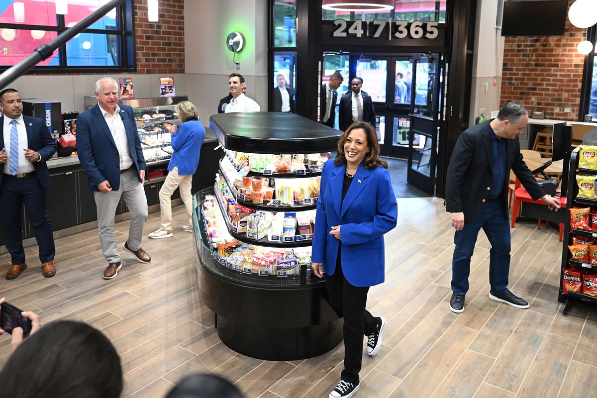 Vice President Kamala Harris makes a stop at a Sheetz gas station on Sunday August 18, 2024 in Corapolis, PA. (Matt McClain/The Washington Post via Getty Images)