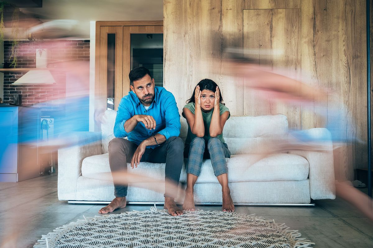 Parents looking burnout and frustrated and stressed. (Getty Images/filadendron)